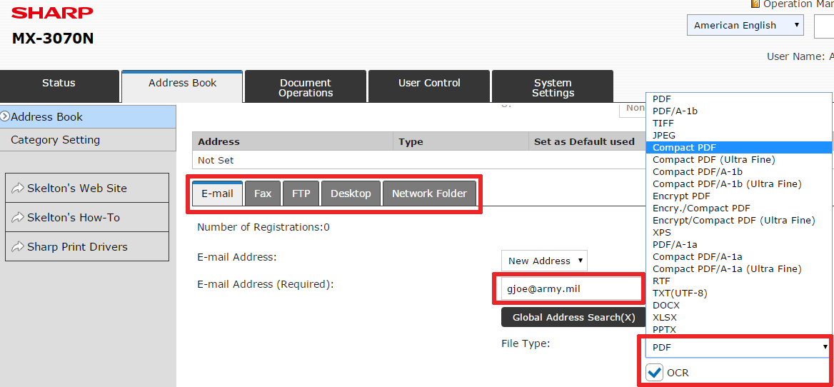 Address Book Management on a Sharp Copier Add Emails, Network Folders