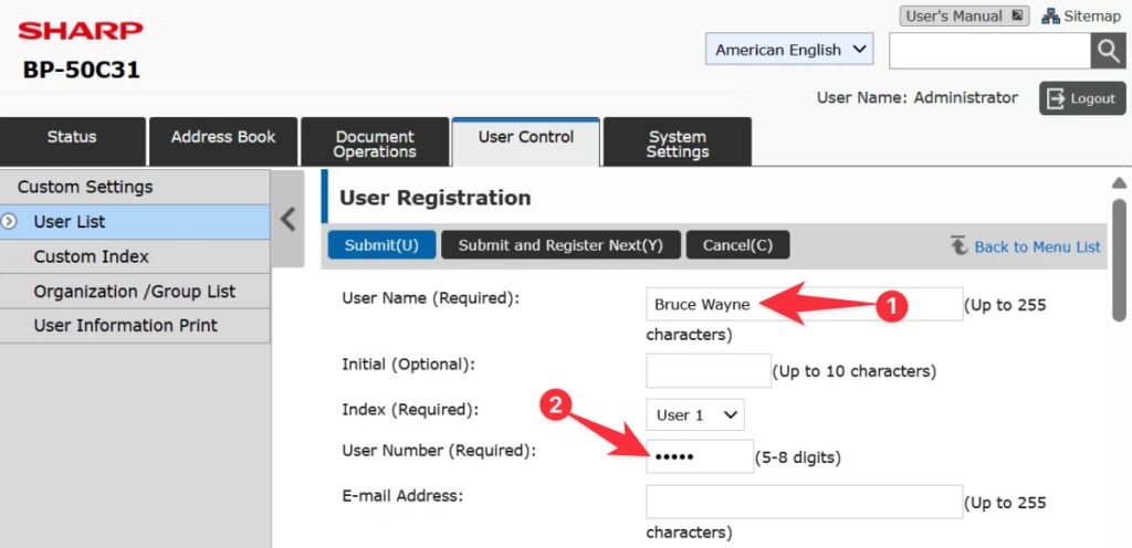 Sharp BP Series create users during user control setup