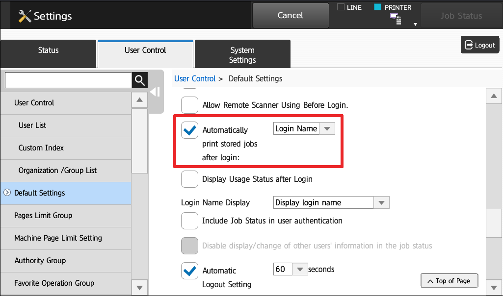 10 Scroll Down, Check Auto Print - How To Setup HID Card Reader and Auto-Login Print on Sharp Copier