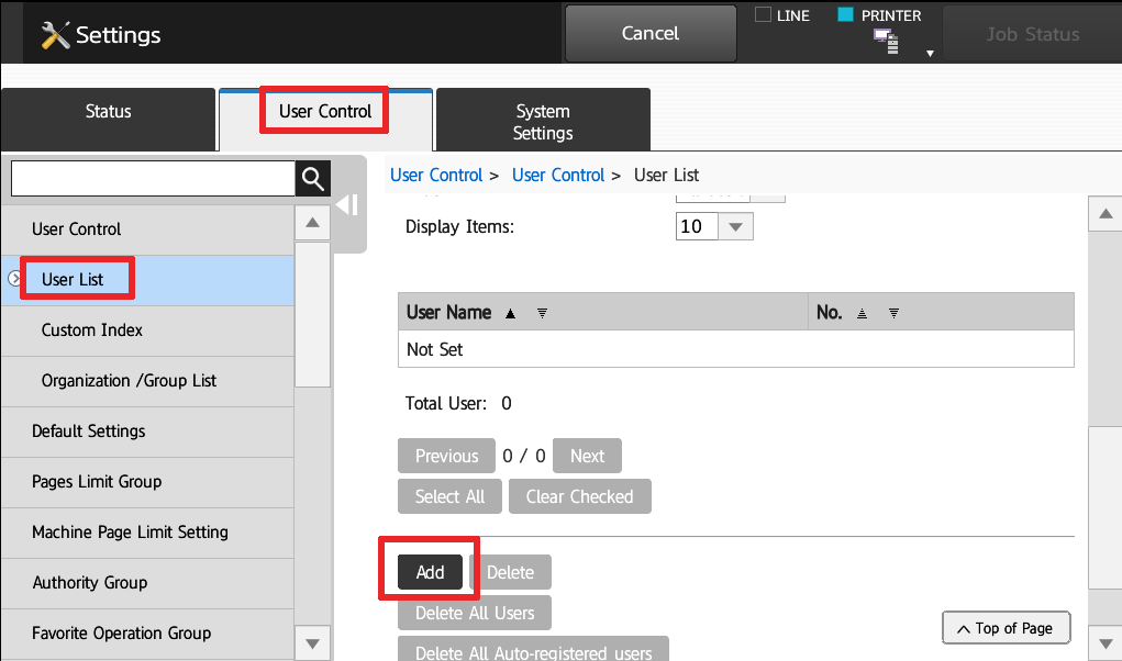12 User List, Add - How To Setup HID Card Reader and Auto-Login Print on Sharp Copier