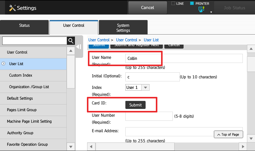 13 Enter Name, touch Submit by Card ID- How To Setup HID Card Reader and Auto-Login Print on Sharp Copier