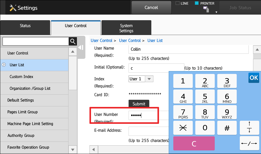 15 Touch User Number, Enter Number on Card, Touch Submit - How To Setup HID Card Reader and Auto-Login Print on Sharp Copier