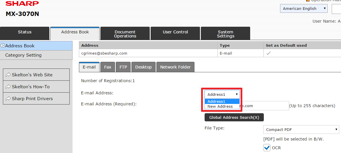 Address Book Management on a Sharp Copier Add Emails, Network Folders