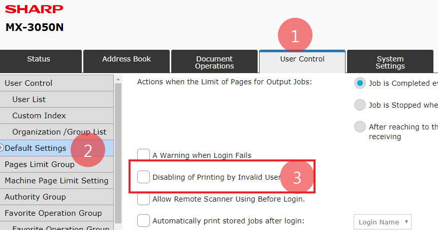 Sharp User Control with Exception for Printing - Printing does not require code