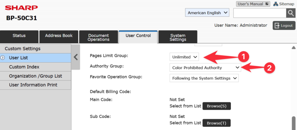 Sharp BP Series user control set limit and authority group